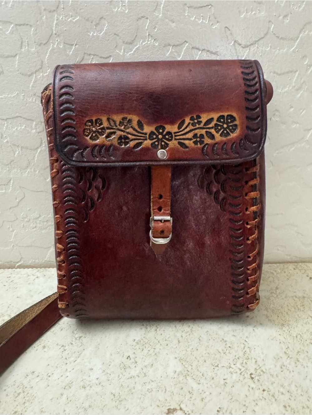 Hand-Tooled Brown Leather Mini Crossbody Bag